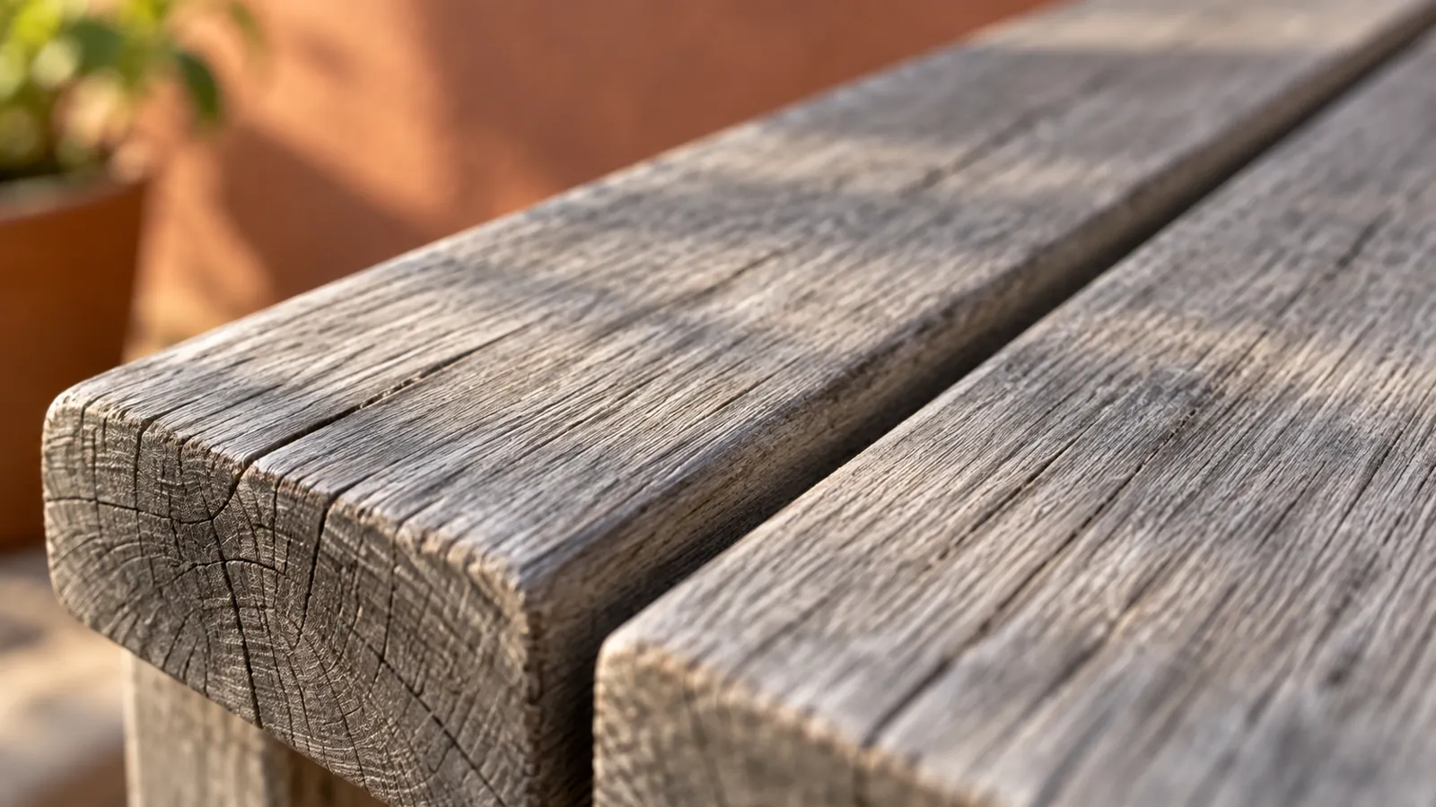 Illustrative close-up of weathered silver-grey teak slats and end grain