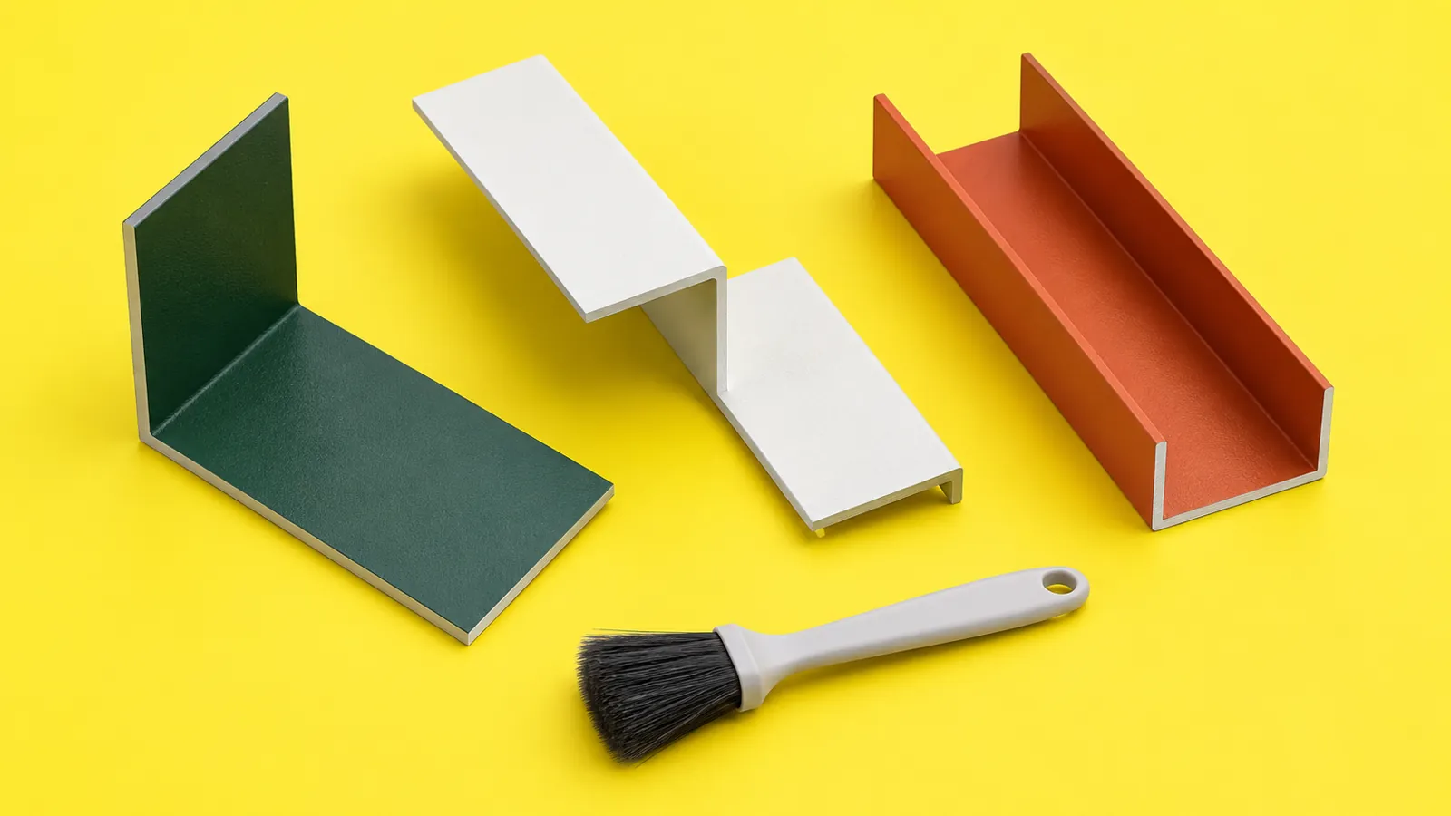 Illustrative powder-coated aluminium colour samples arranged on a lemon-yellow studio surface