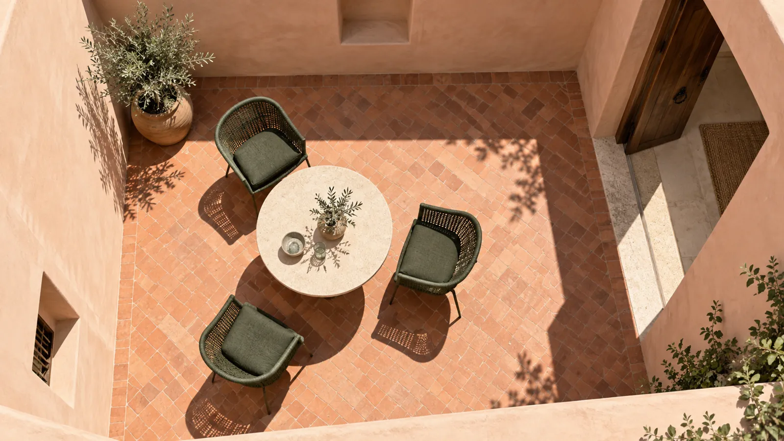 Illustrative overhead view of a compact courtyard with dining chairs and a clear doorway route
