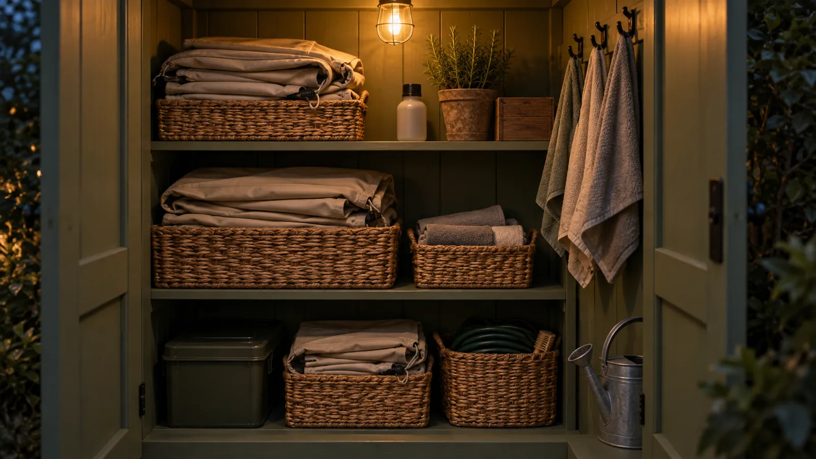 Illustrative outdoor-furniture care cupboard with folded covers and soft cleaning cloths