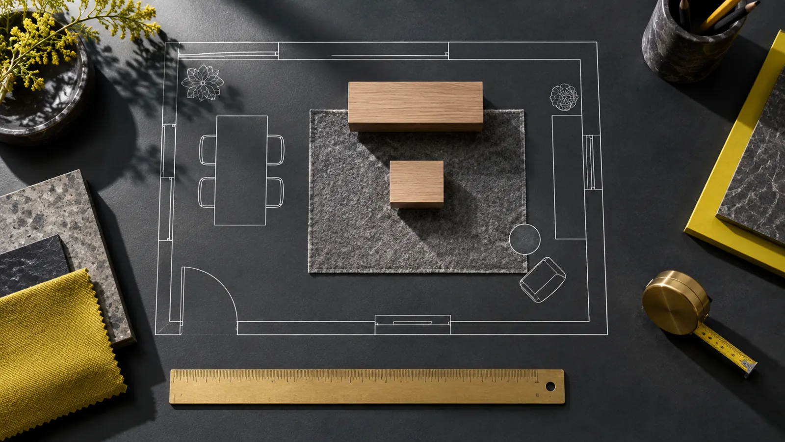 Overhead planning scene with a floor plan, material samples, wooden blocks and measuring tools