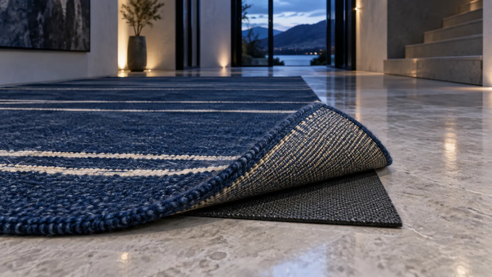 Illustrative navy rug corner lifted to show its backing and a separate underlay, not an installed walking surface