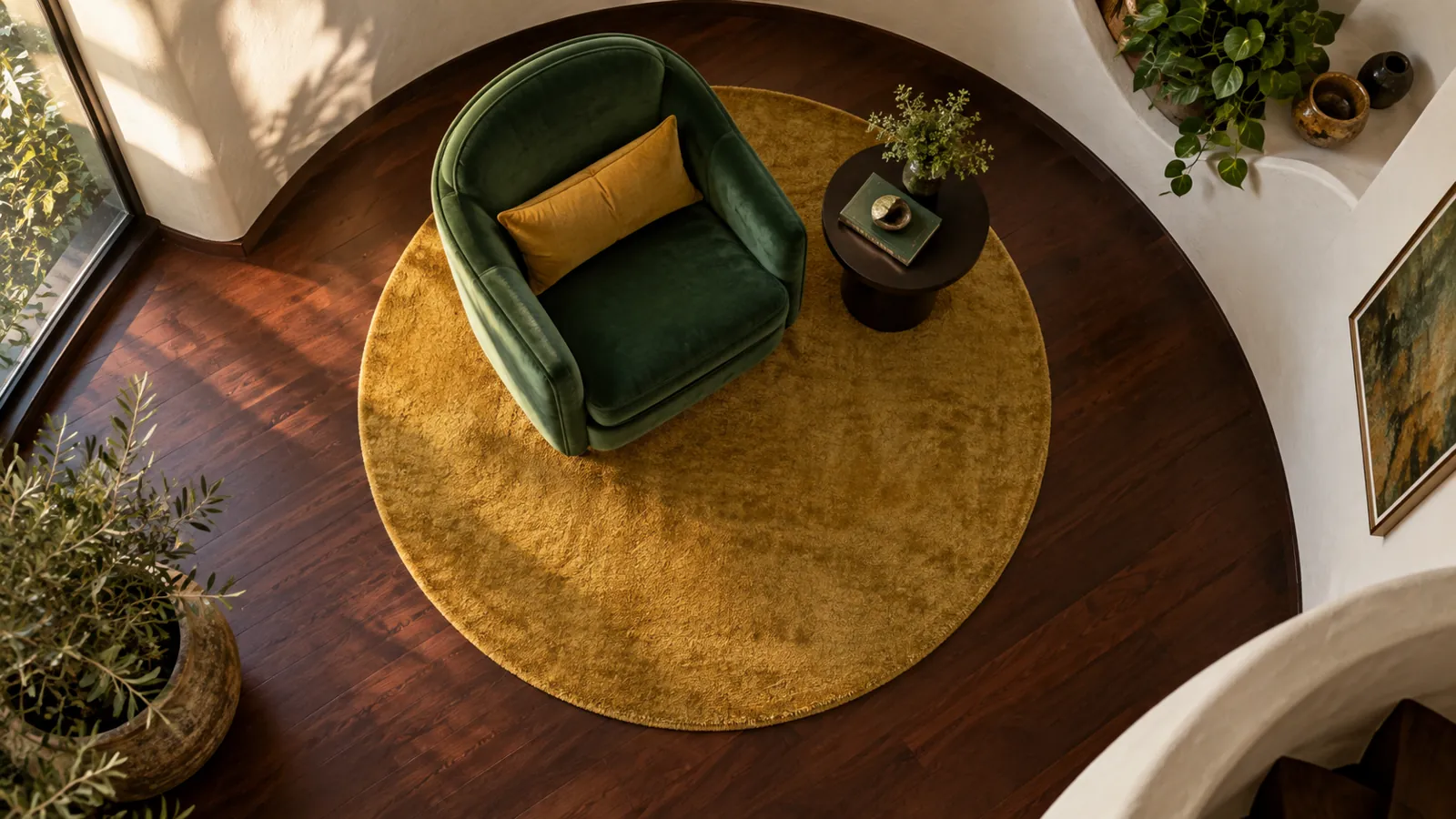 Overhead view of a green armchair and side table on a circular golden rug