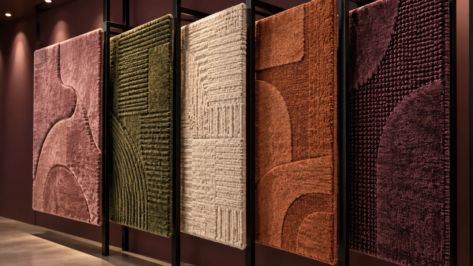 Illustrative showroom rack displaying five hanging rug samples in different colours and textures