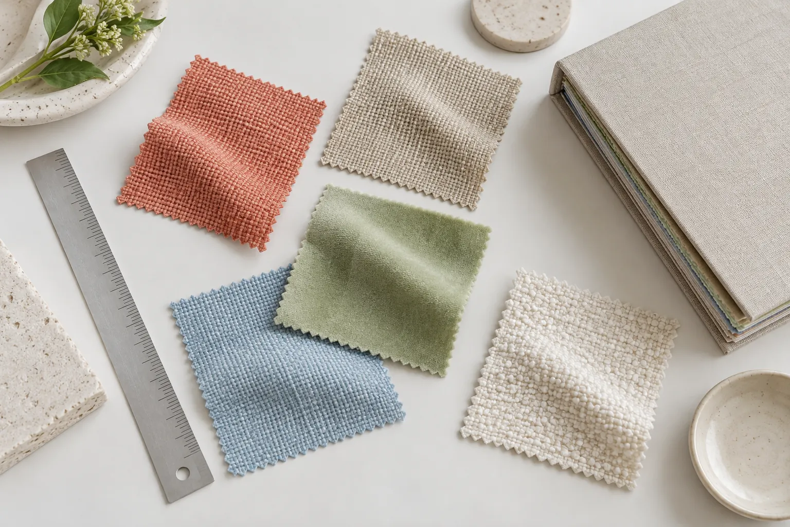 Illustrative overhead arrangement of pastel upholstery swatches, a ruler and a sample book