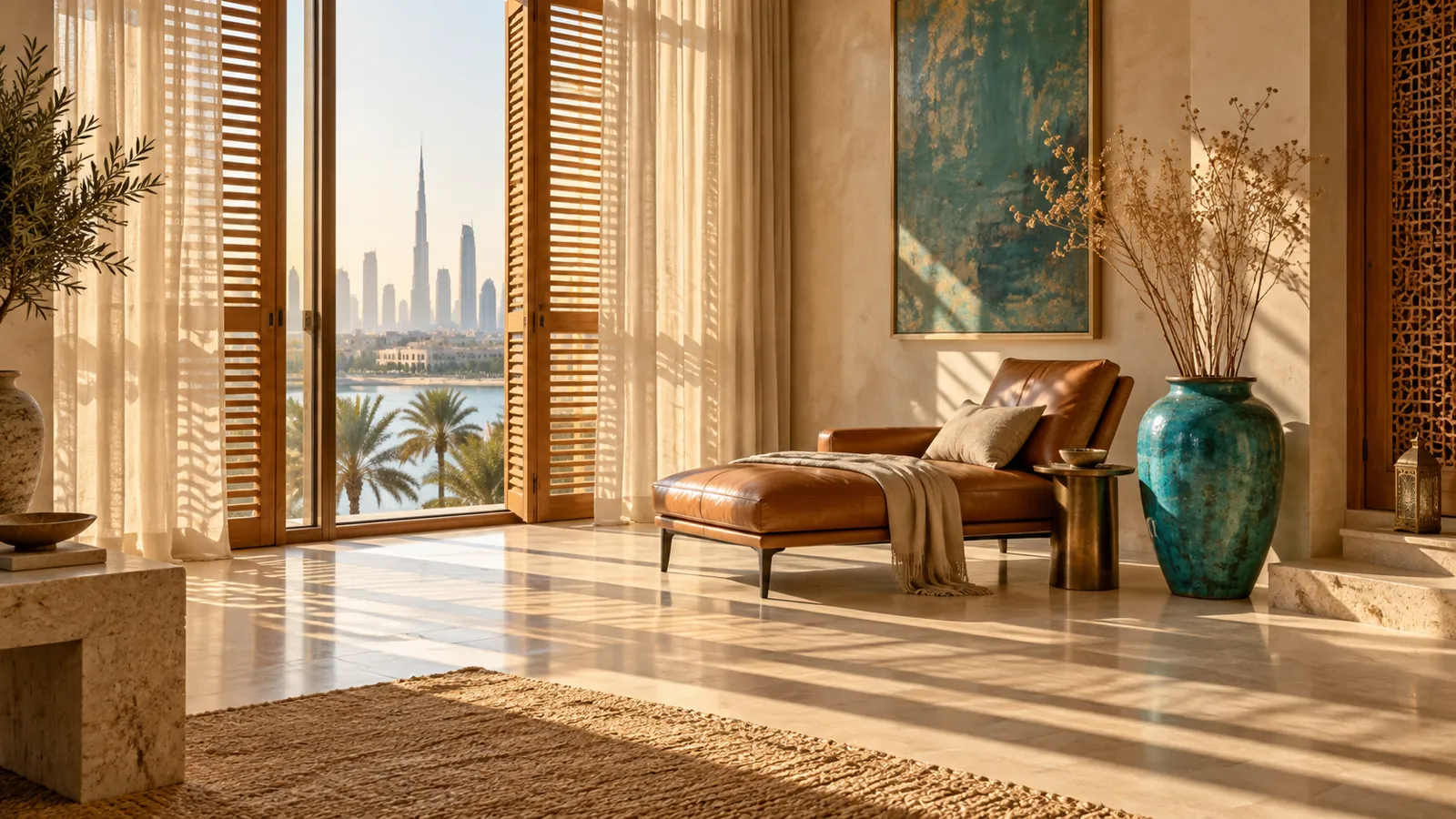 Illustrative sunroom with timber shutters, a reading chaise and angled golden sunlight