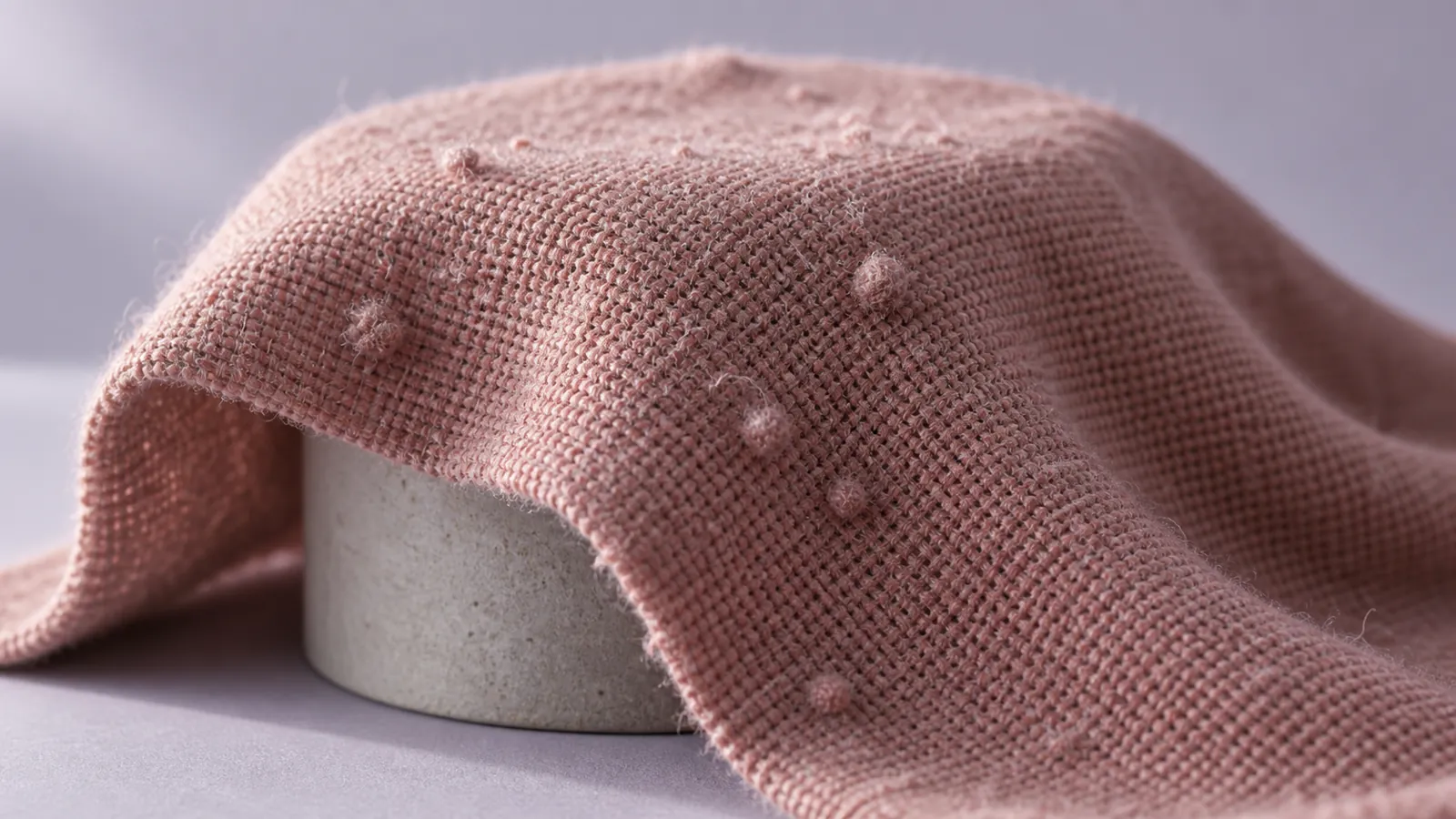 Illustrative macro view of loose fibre pills on dusty-rose upholstery fabric