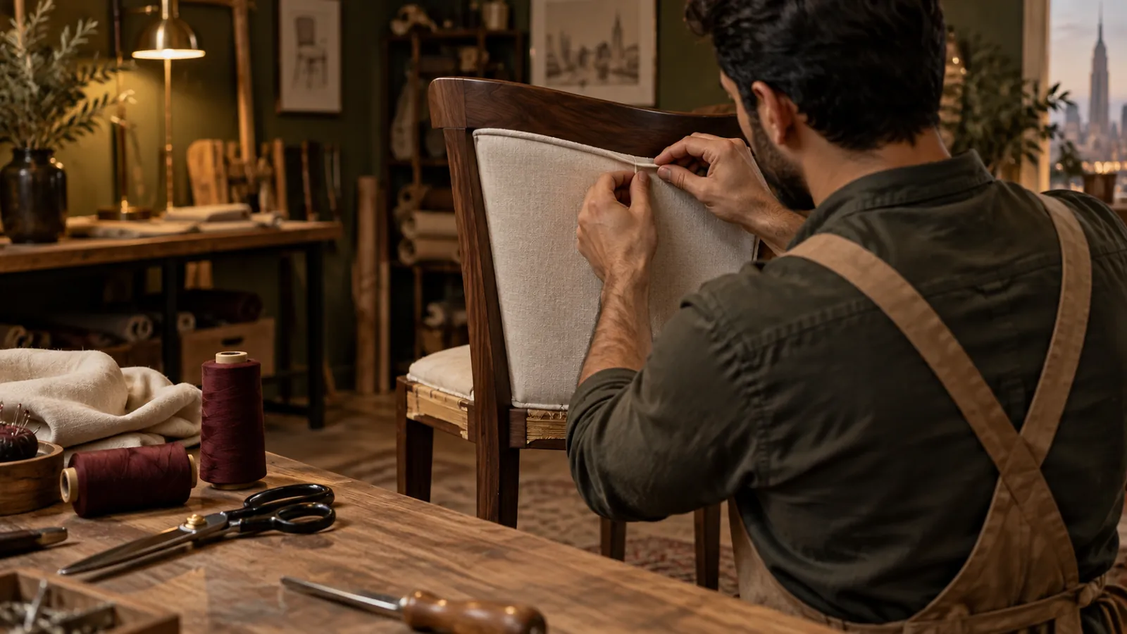 Illustrative upholsterer aligning a linen seam on a walnut chair in a warmly lit workroom