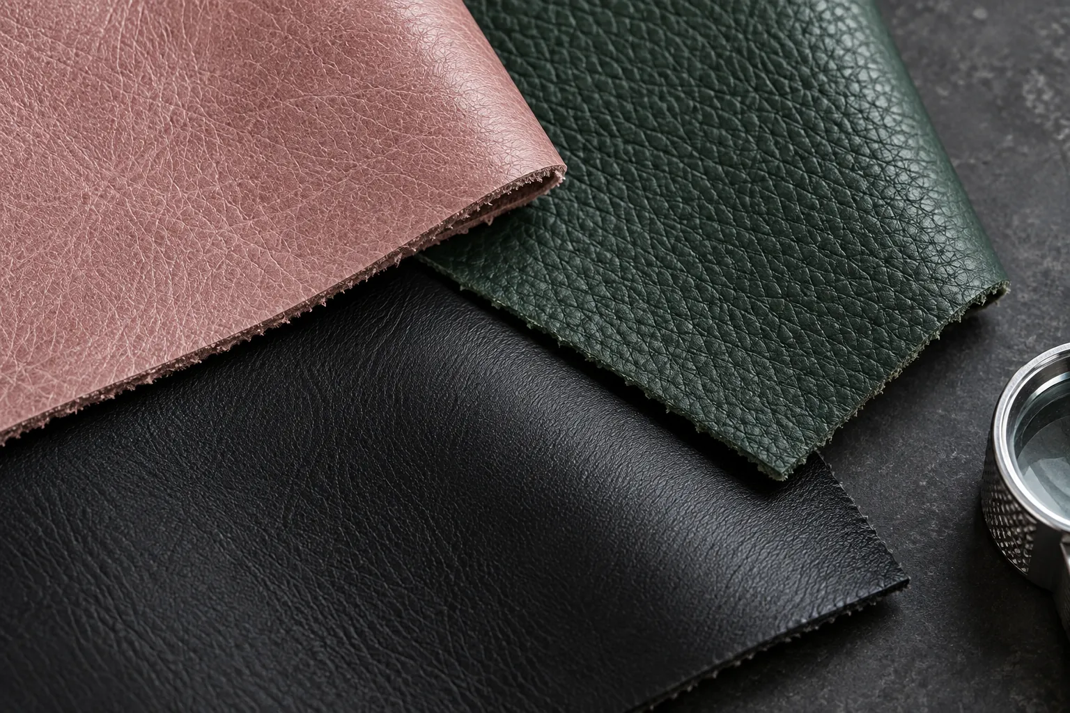 Illustrative leather swatches with different surface finishes beside a magnifier on a dark worktop