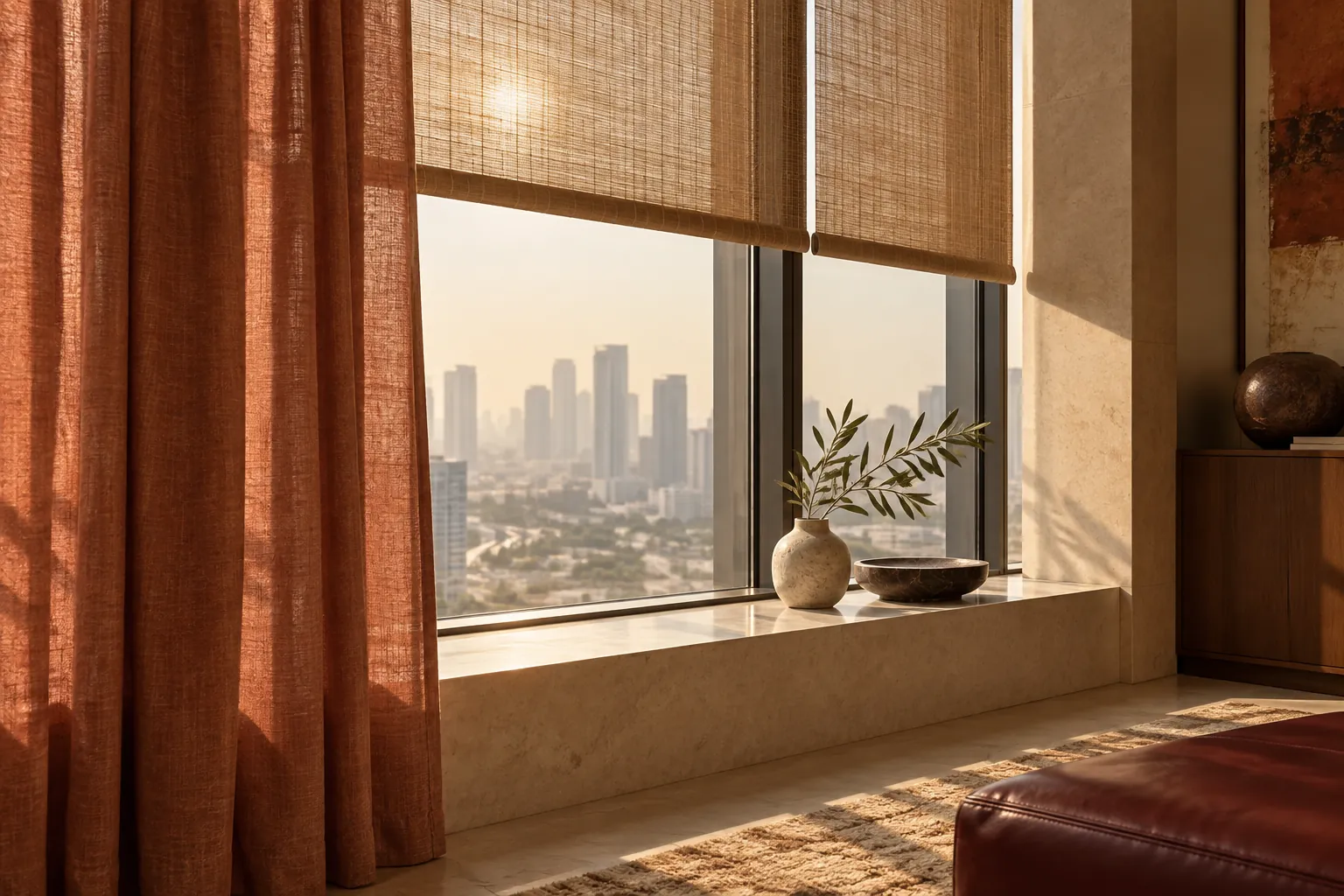 Illustrative apartment window with terracotta curtains and woven blinds filtering strong sunlight