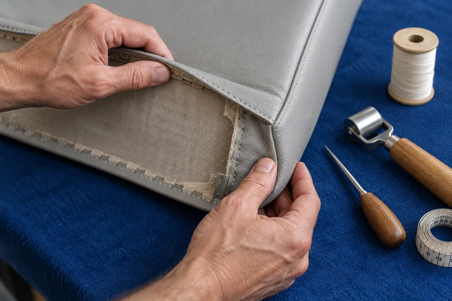 Illustrative upholsterer checking a leather panel seam on a cobalt workbench, not an actual FCI employee