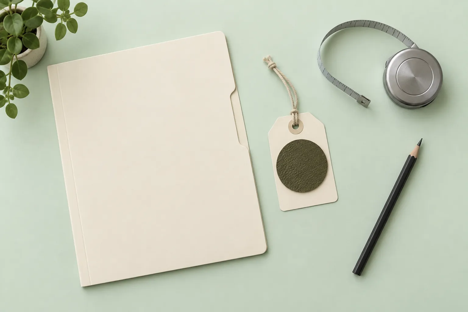 Illustrative order-planning folder, leather colour tag and measuring tape on a mint desk