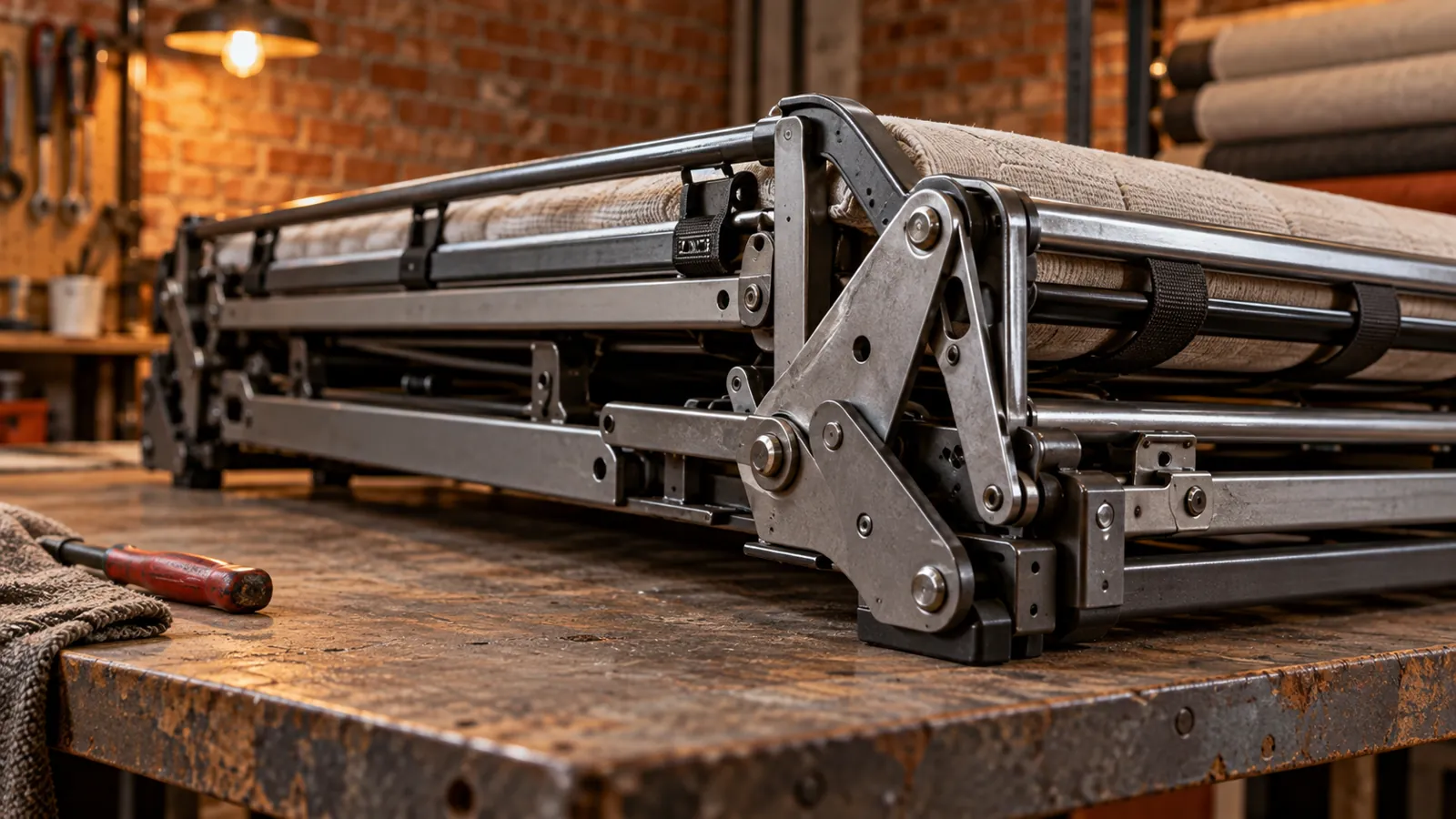 Illustrative folded sofa-bed frame and hinge in a workshop, not a specific manufacturer's mechanism