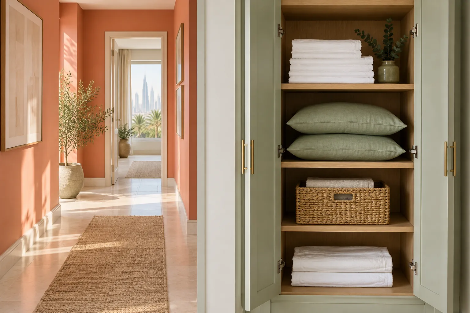 Illustrative linen cupboard holding sheets and pillows beside a clear guest-room passage