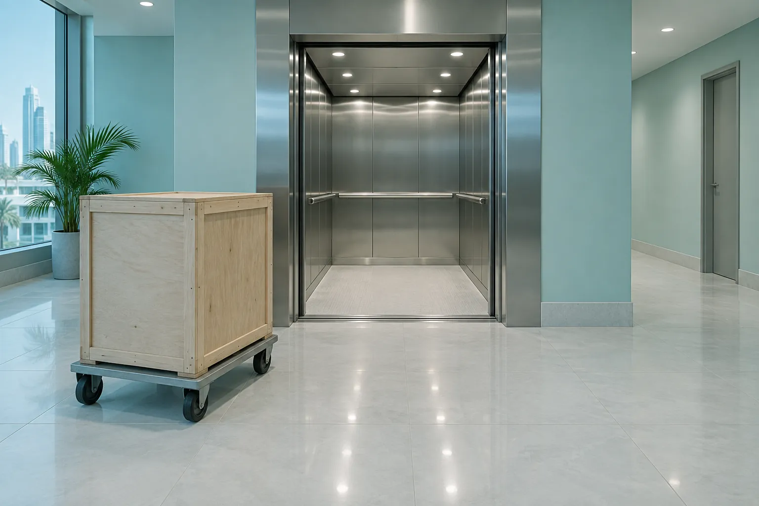 Illustrative apartment service lift and shipping crate, representing a furniture delivery access check