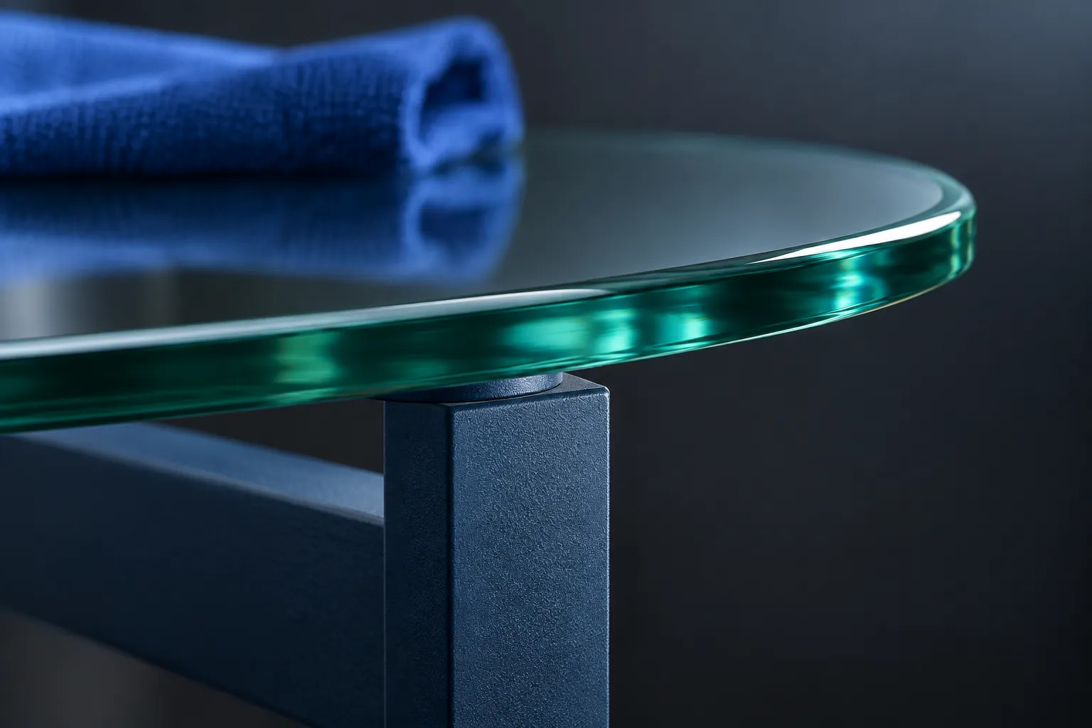 Illustrative close-up of an intact rounded glass tabletop edge in cool blue light
