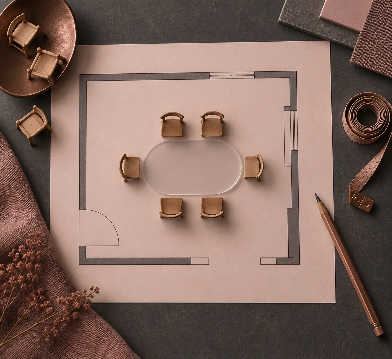 Conceptual overhead dining-layout board with an oval template and miniature chairs, without prescriptive measurements