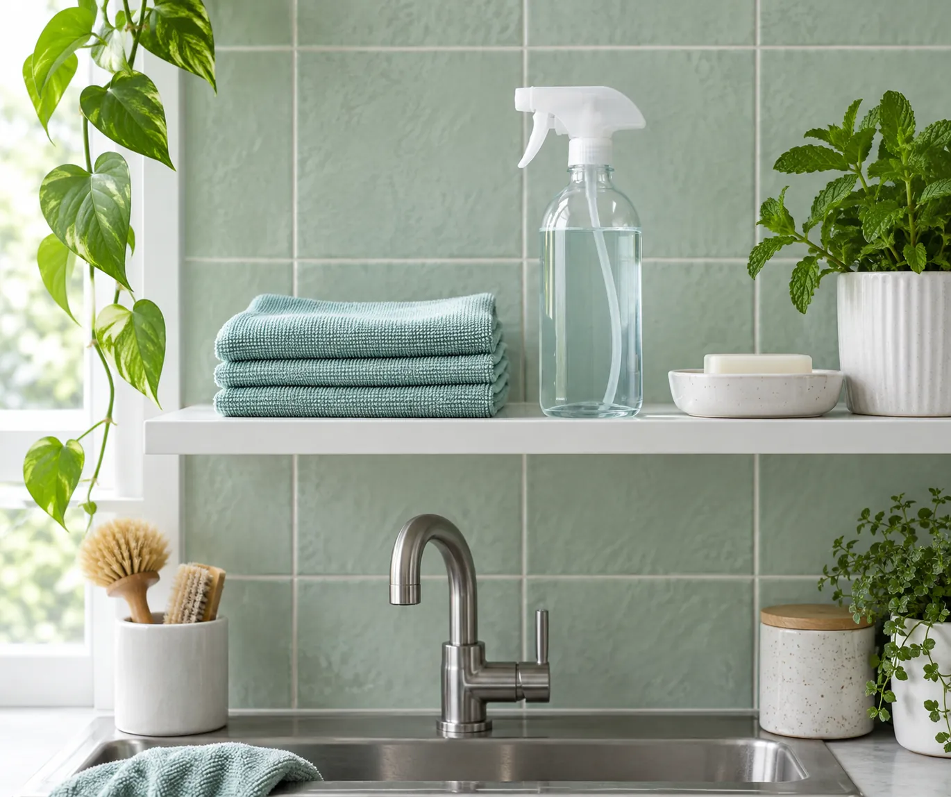 Illustrative glass-care cloths and an unlabelled cleaning bottle on a mint utility-room shelf