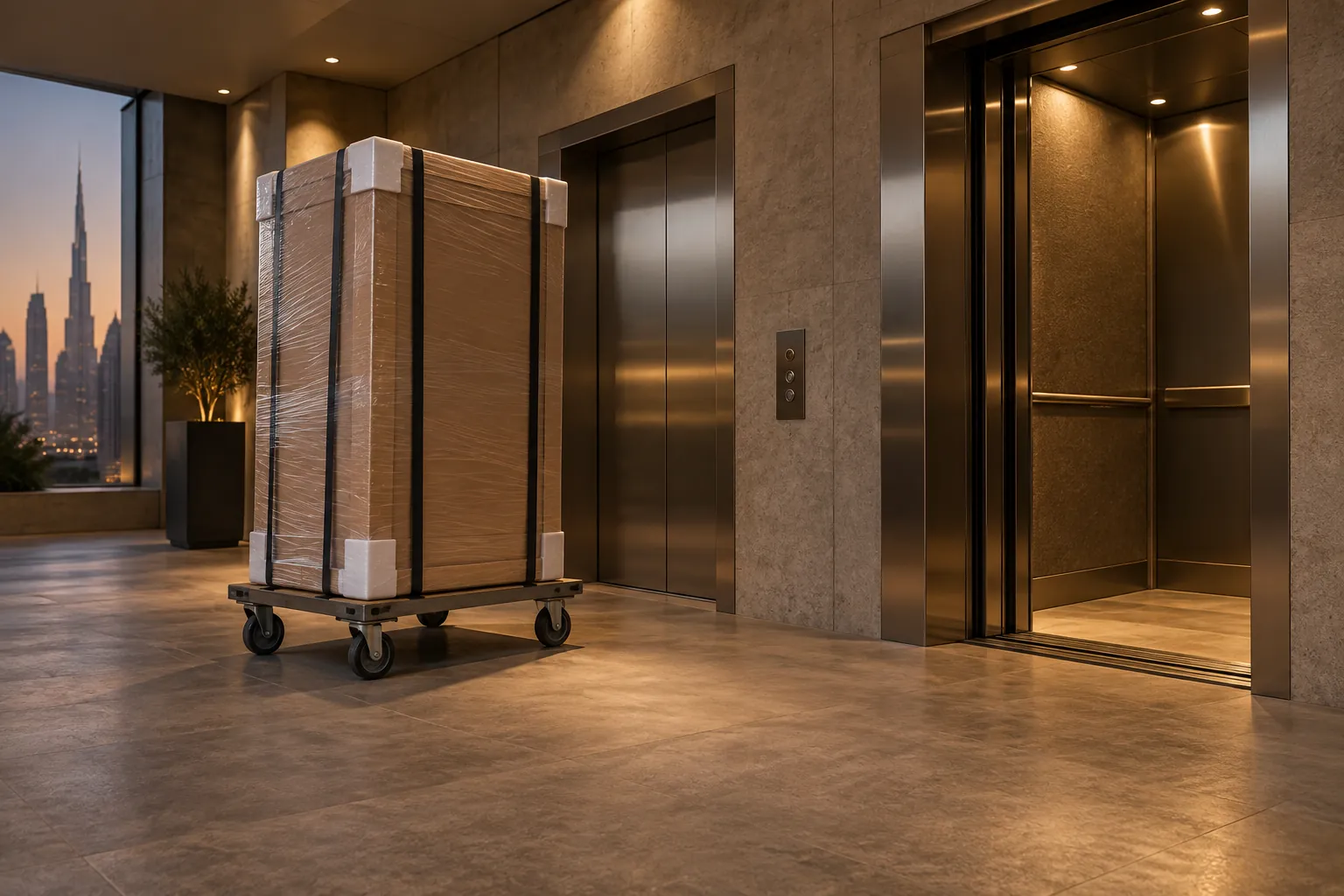 Illustrative packed furniture crate in an apartment service-lift lobby, not an actual FCI delivery