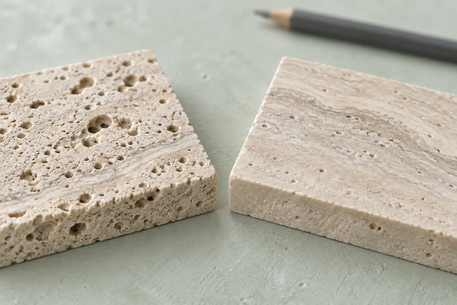 Illustrative travertine samples comparing visible cavities and a smoother filled surface