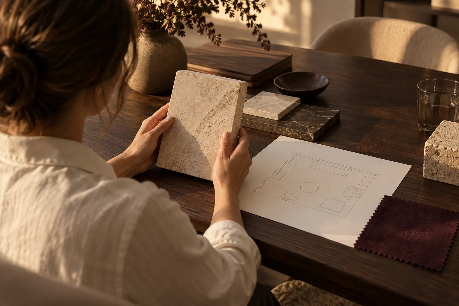 Illustrative material consultation with a stone sample and room plan, not an FCI employee or project