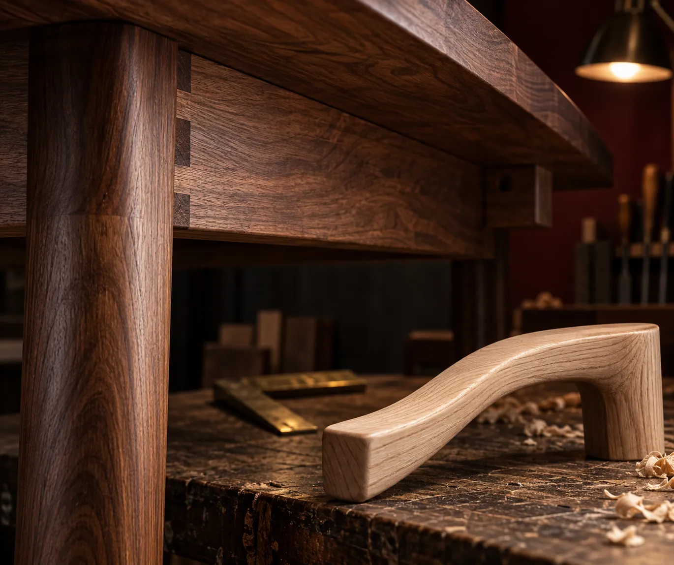 Illustrative table apron and separate timber armrest sample showing surfaces to check for clearance