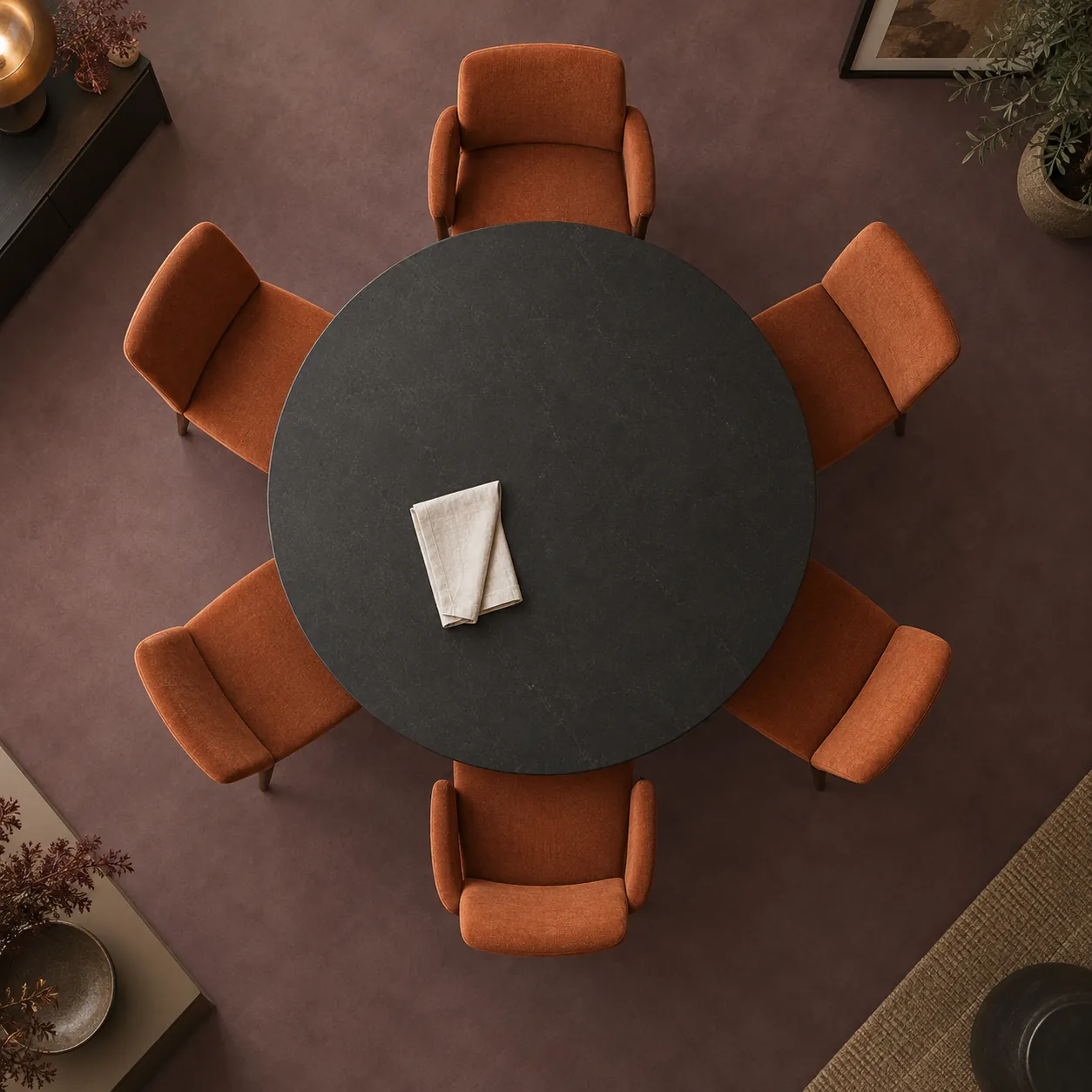 Conceptual overhead dining layout mixing armchairs and armless chairs, not a measured seating plan
