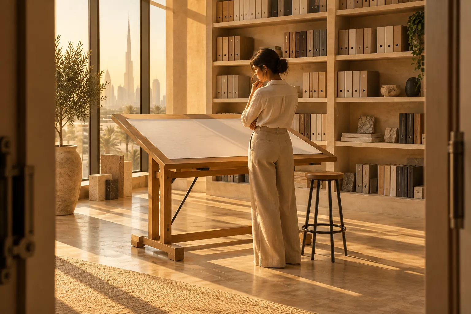 Illustrative designer reviewing a room plan, not an FCI employee or customer project