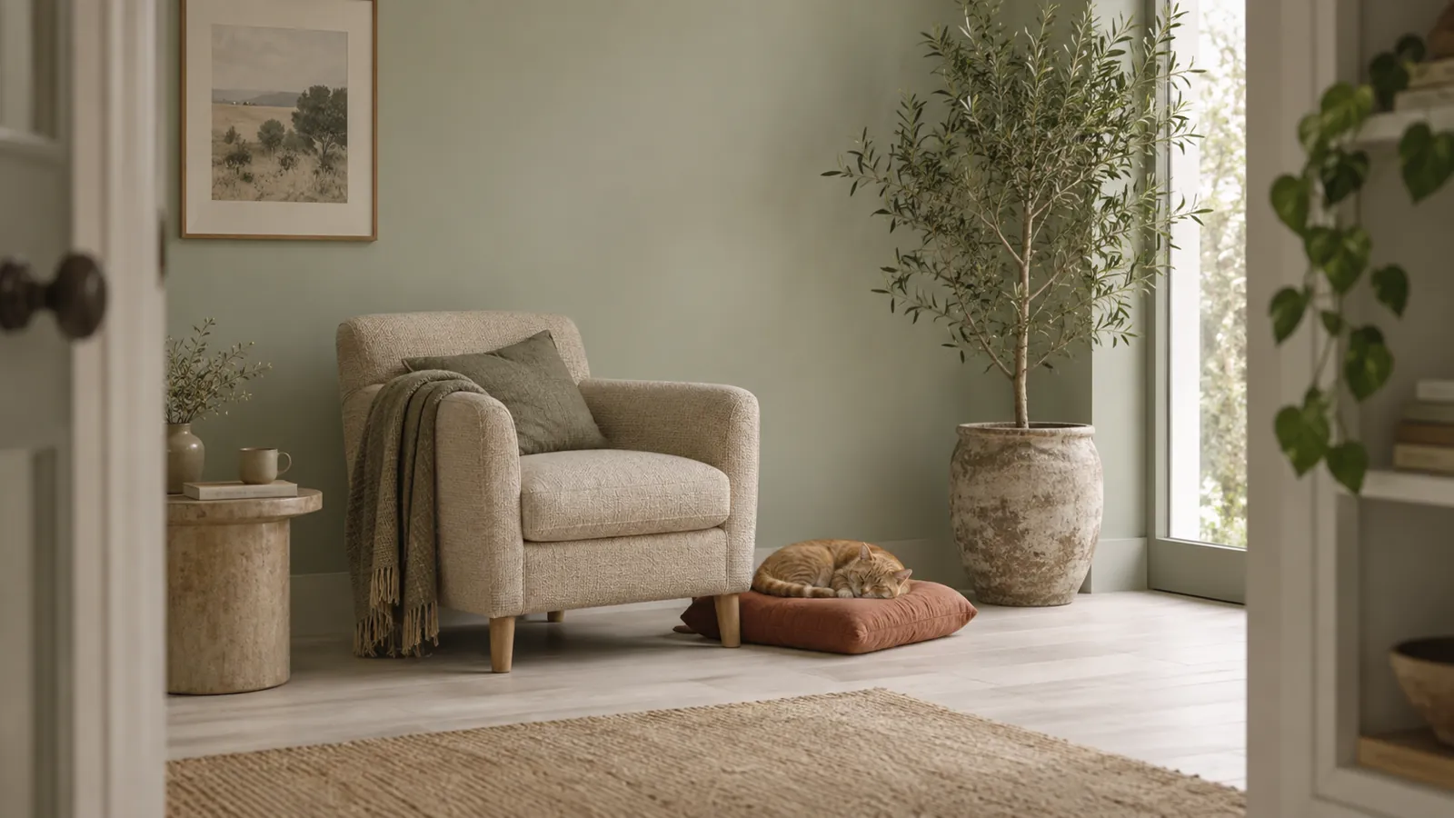Conceptual reading nook with an armchair and a cat on a floor cushion, illustrating household-use questions rather than pet-proof upholstery