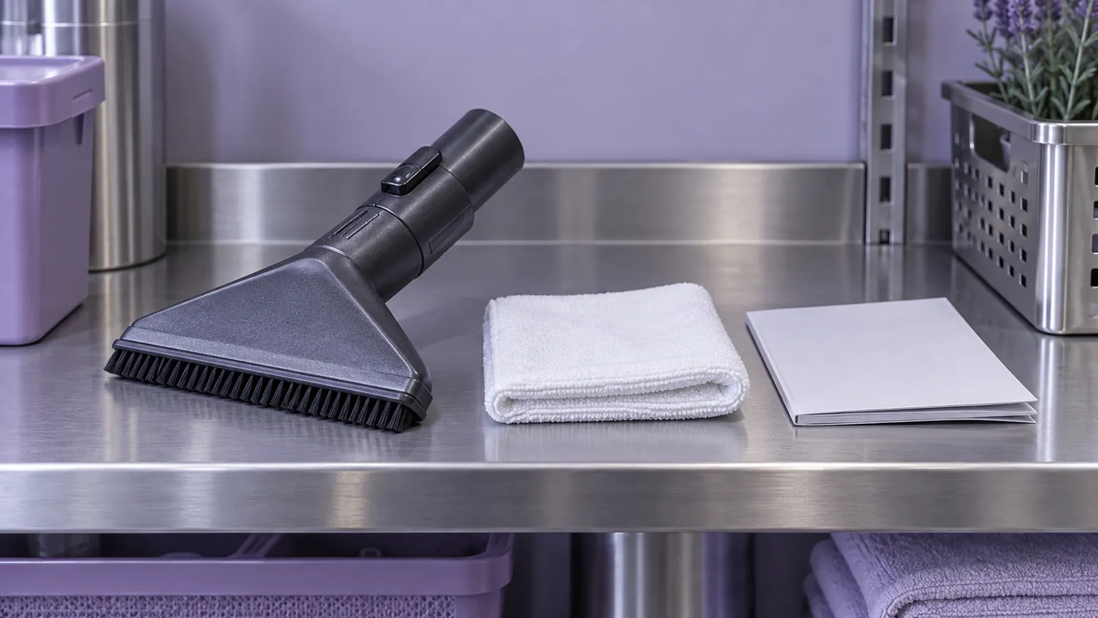 Illustrative upholstery vacuum attachment and cloth in a utility room, not a cleaning instruction for a named fabric