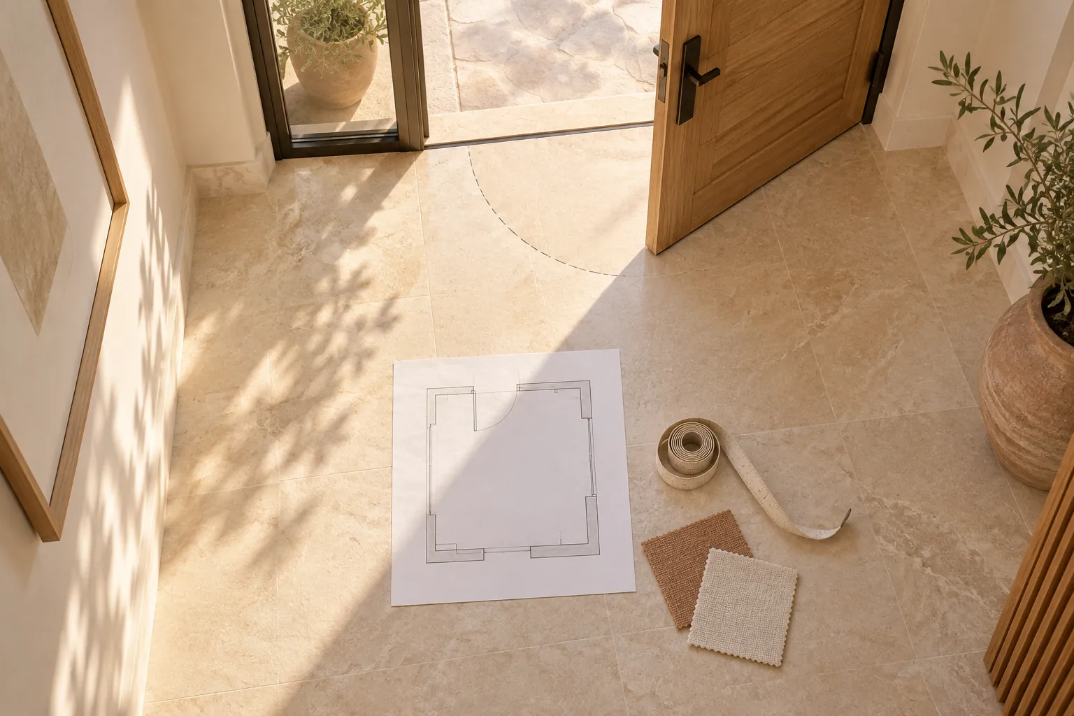 Illustrative overhead entrance planning scene with a paper plan and measuring tape beside an open door