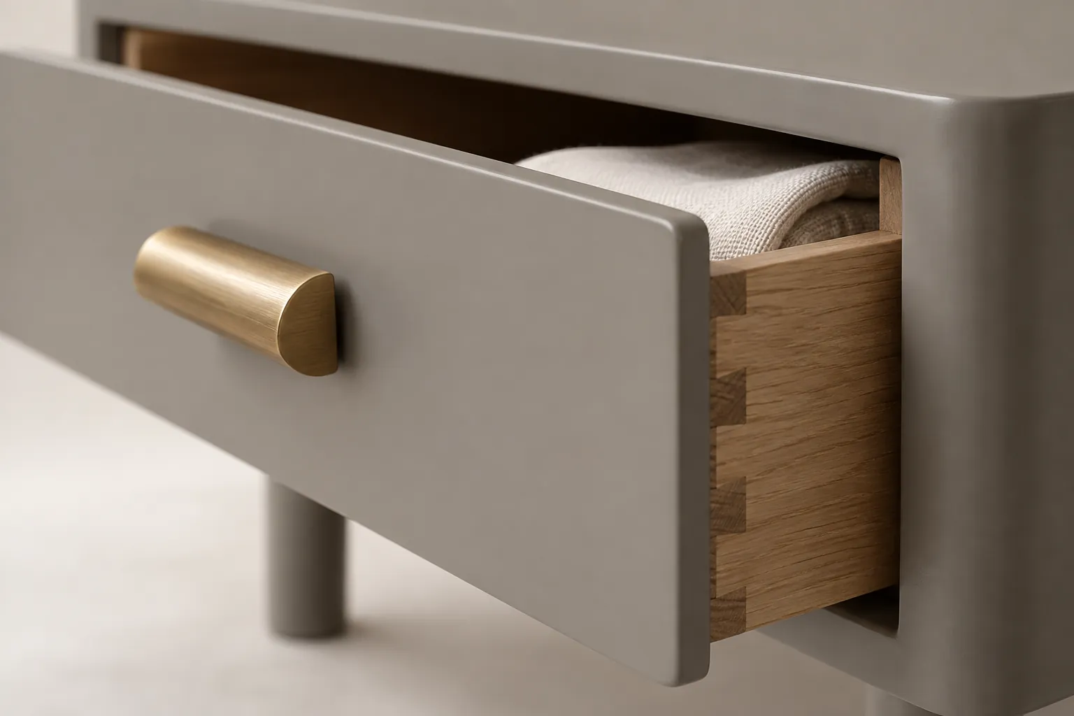 Illustrative close-up of a lacquered drawer and brass pull, not a specified FCI console