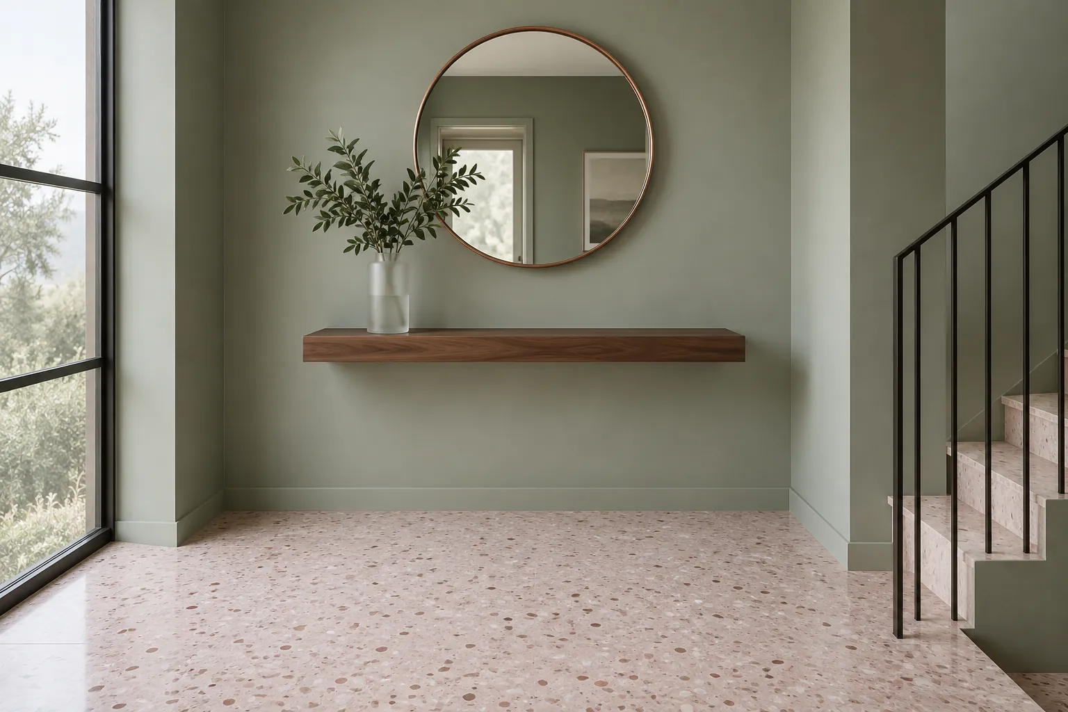 Illustrative floating shelf and mirror on a sage-green landing, not a fixing design or completed installation