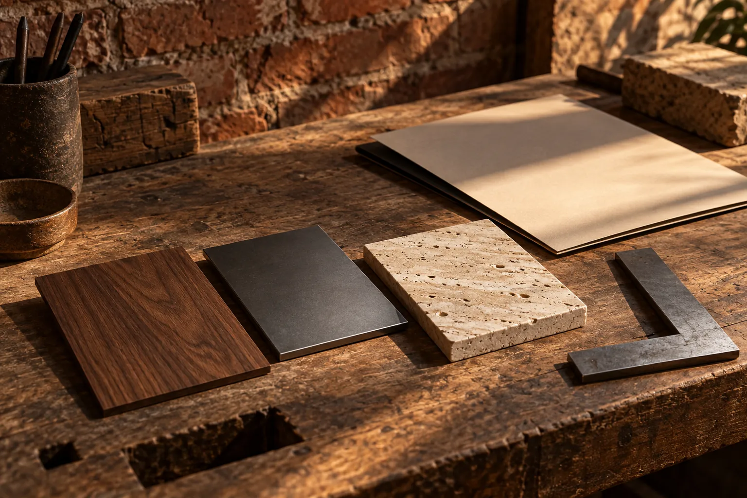 Illustrative walnut, metal and stone samples on a workshop bench beside a blank specification folder