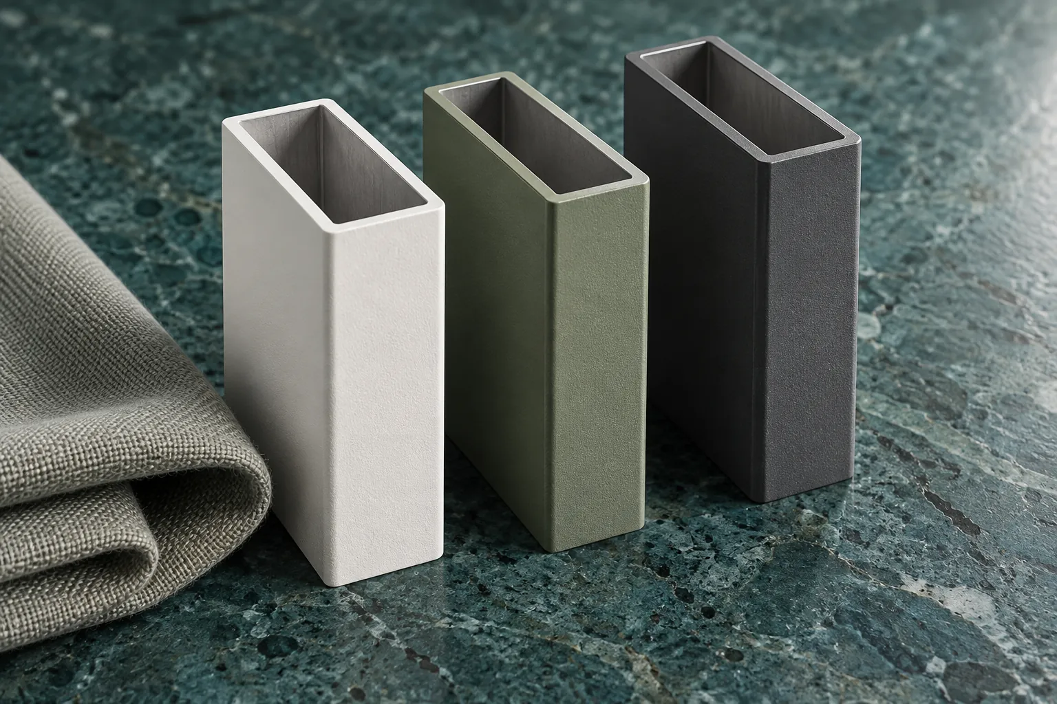 Illustrative powder-coated metal frame samples and a soft cloth on a turquoise work surface, not tested materials