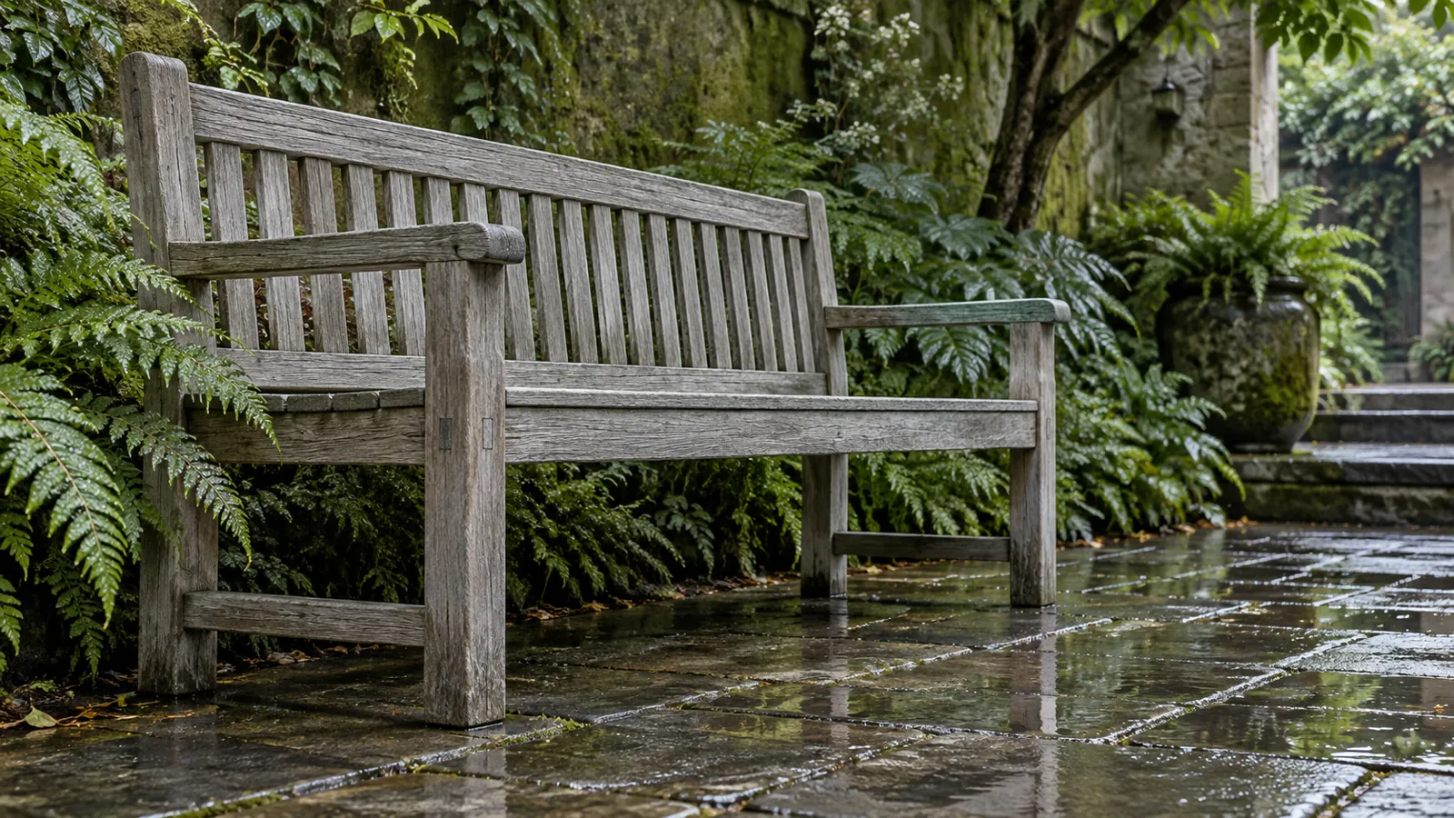 Illustrative silver-grey timber garden bench in a shaded green courtyard, not a specified teak product
