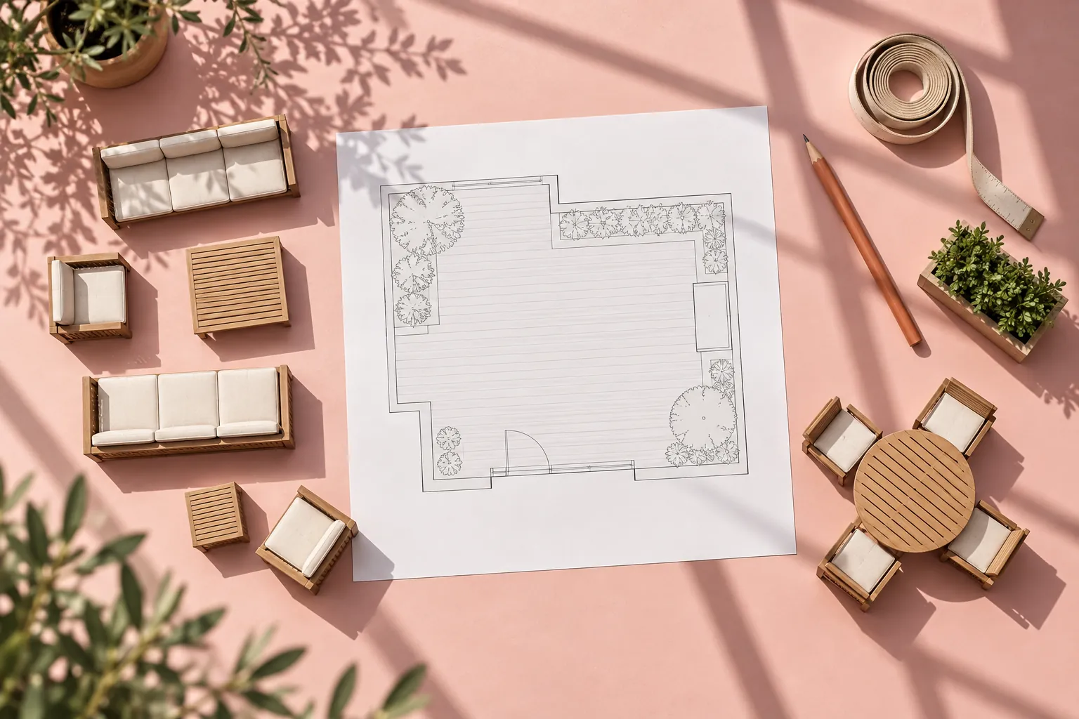 Illustrative terrace-planning flat lay with model seating modules and an unlabelled plan, not a measured design