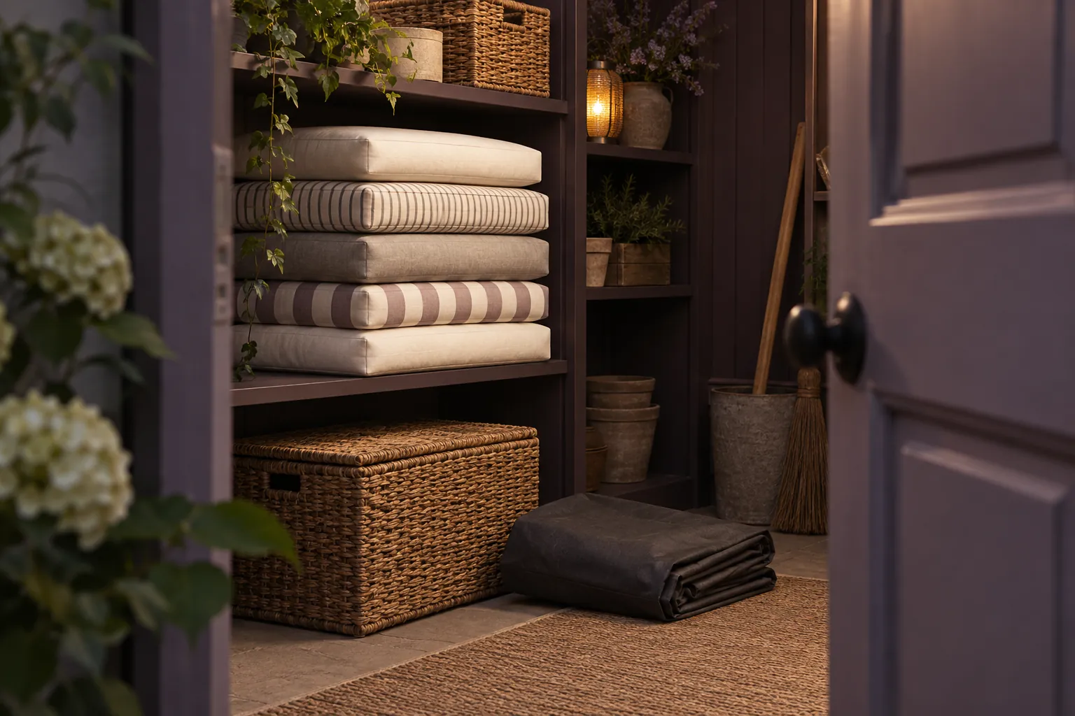 Illustrative folded cushion covers and a storage basket in a garden storeroom, not product care instructions