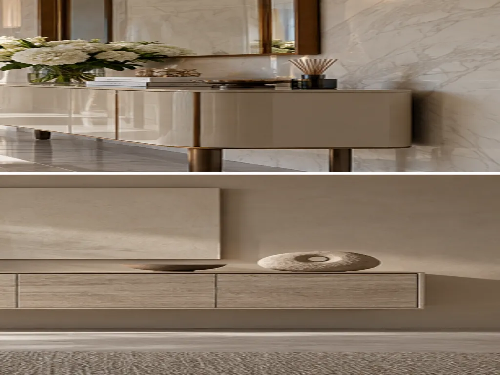 Floating credenza in a neutral studio setting