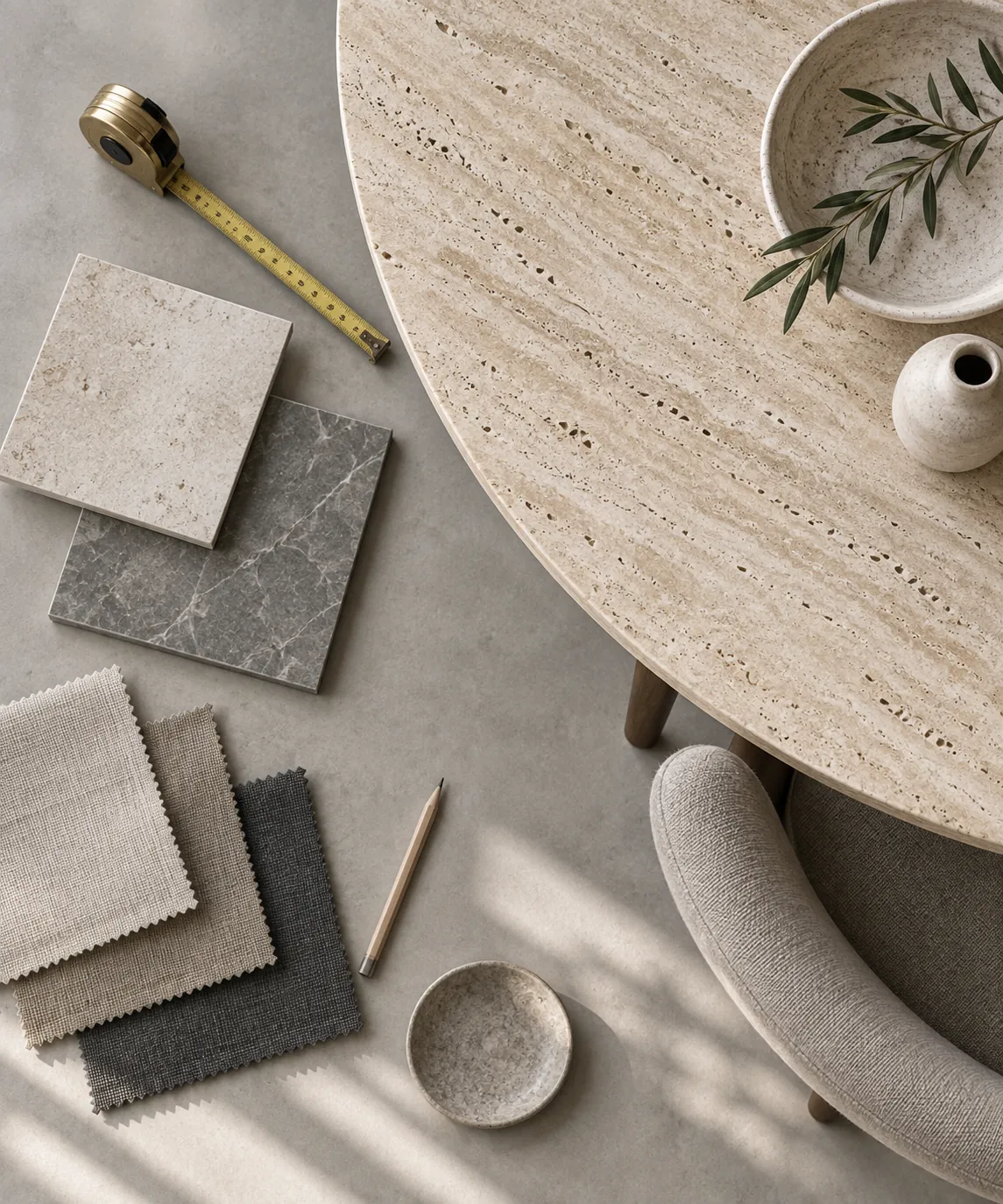 Material samples arranged on a dining tabletop