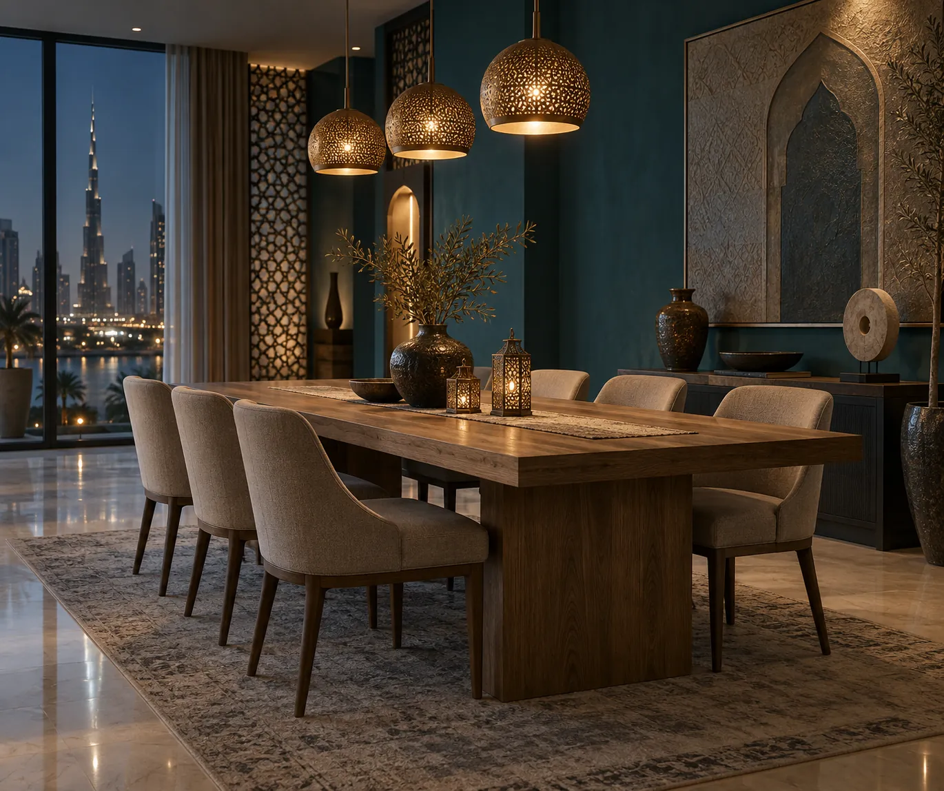 Oak dining table under evening pendant lights