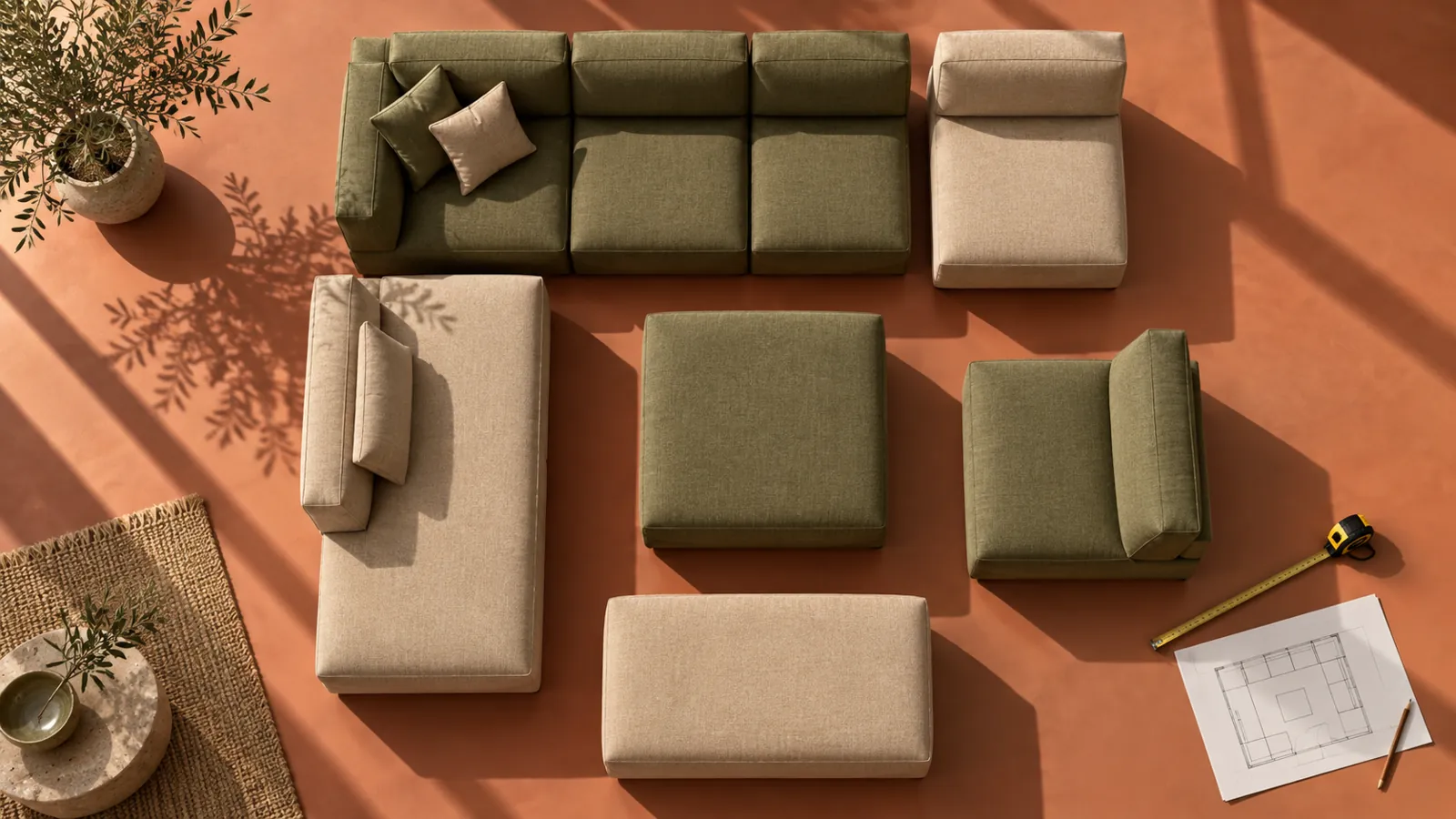 Separate sofa modules arranged on a terracotta planning floor