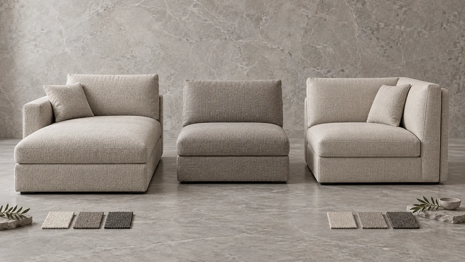Three distinct modular sofa units in a neutral product studio