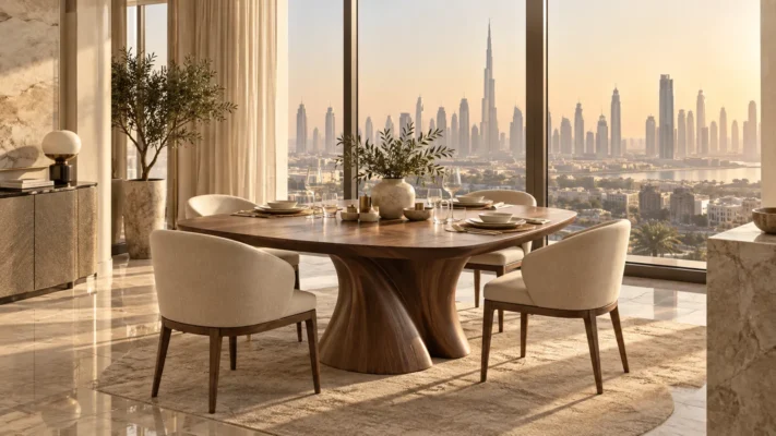Walnut dining table in a sunlit Dubai apartment