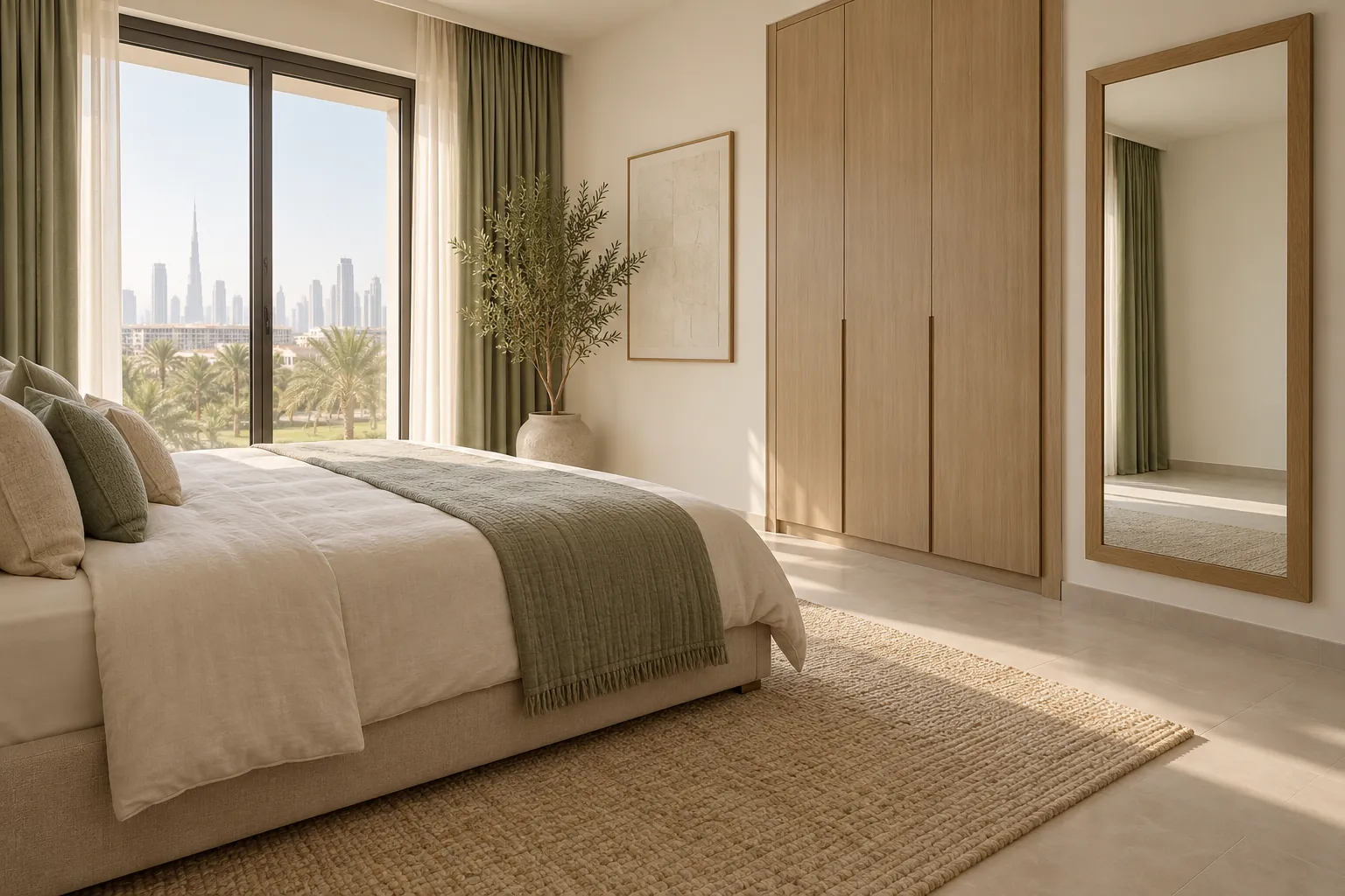Airy bedroom with an oak-framed full-length mirror and clear floor space