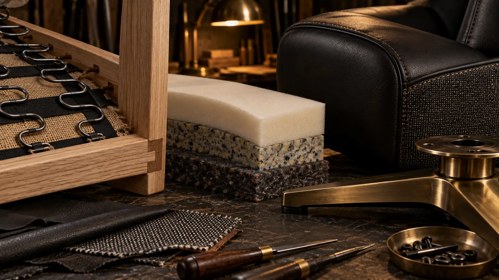 Armchair frame, spring, foam and upholstery construction details