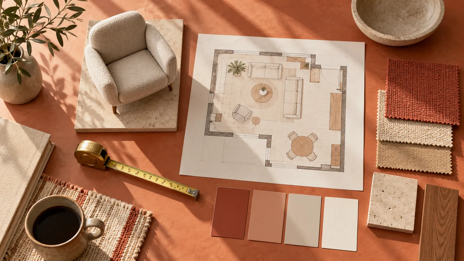 Armchair model, room plan and fabric swatches on a terracotta table