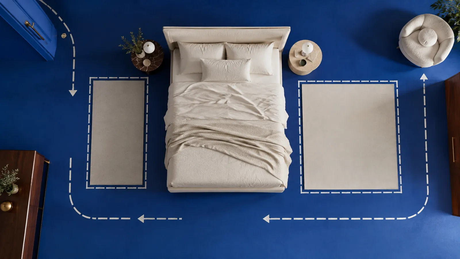 Bed and circulation templates arranged on a cobalt studio floor