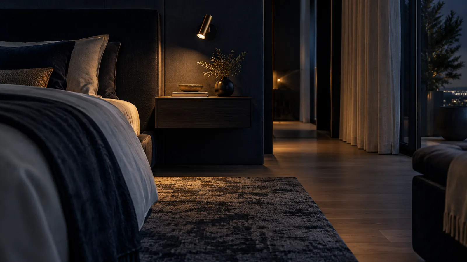 Bedside table, reading light, rug and curtains at night