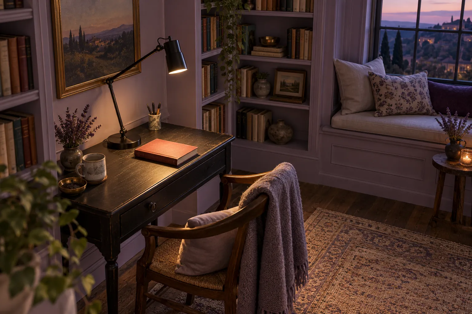 Black task lamp and a closed book on a writing desk in a lavender alcove